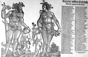 从1545年汉斯·古登蒙德（Hans Guldenmundt）制作的木刻切割出来的森林中的野人们从一个变得更糟的世界撤退