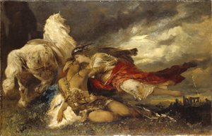 Valkyrie et un heros mourant - Valkyrie and a Dying Hero，Makart, Hans (1840-1884)。 布面油画。 尺寸：130x200 厘米。 斯德哥尔摩国家博物馆 作者 汉斯·马卡特（Hans Makart）