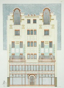 五层楼的设计，20世纪初，来自《现代建筑文件》（彩色平印）。 作者 汉斯·迈尔