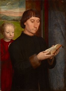 Homme en priere avec son fils defunt - 与亡子一起祈祷的男子，汉斯-梅姆林（1433/40-1494 年）作。木板油彩 作者 汉斯·梅姆林