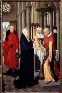 贤士崇拜三联画。 右侧面板的细节：在圣殿的介绍。 汉斯·梅姆林 (Hans Memling)（1433-1494 年）在木头上的 Detrempe，大约 1470 年。马德里。 普拉多博物馆 作者 汉斯·梅姆林