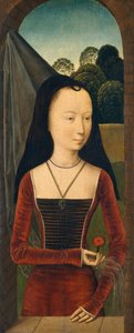 有桃红色的少妇，加州。 1485-90。 作者 汉斯·梅姆林