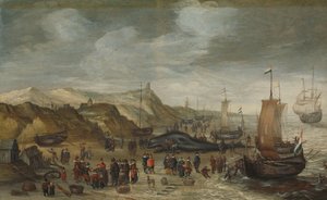 1614 年 12 月 28 日，冲上诺德魏克海滩的抹香鲸 作者 汉斯·萨弗里（I）（归属于）