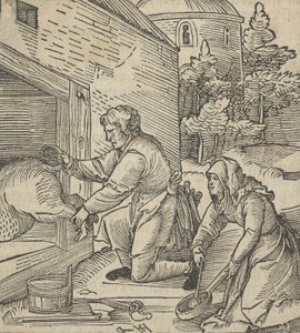 一个农民在宰杀一头猪，来自Hymmelwagen auff dem, wer wol lebt...，1517年。 作者 Hans Schäufelein the Elder