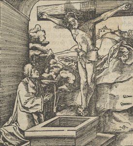 一个在十字架前祈祷的人，来自《Hymmelwagen auff dem, wer wol lebt...》，1517年。 作者 Hans Schäufelein the Elder