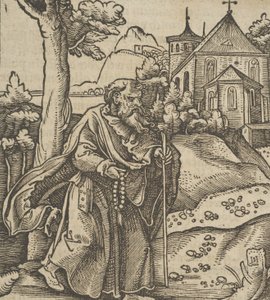 一个向右走的老朝圣者，来自Hymmelwagen auff dem, wer wol lebt...，1517。 作者 Hans Schäufelein the Elder