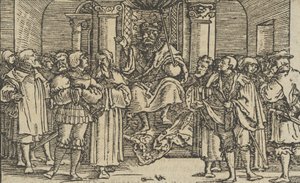 雅典和科林斯的代表在斯巴达国王阿基达马斯的法庭上，从...，1533年。 作者 Hans Schäufelein the Elder