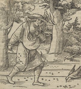 鸟儿在吃播种者的种子，来自《Hymmelwagen auff dem, wer wol lebt...》，1517年。 作者 Hans Schäufelein the Elder