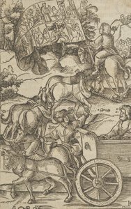 通往天堂的战车上的美德之人，来自Hymmelwagen auff dem, wer wol leb...，1517。 作者 Hans Schäufelein the Elder