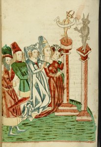 一群男人和女人崇拜两个偶像，1469（纸上的墨水，洗涤和蛋彩画）