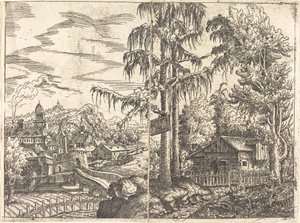 农民的小屋和河边的小镇的风景，1551年。