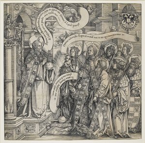 马克西米利安（Maximilian）由他的守护神（Patron Saints）于1519年向全能者展示