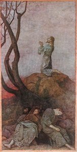 花园里的痛苦》，来自莱比锡出版的《节日庆典》的插图，约1910年（彩色平印）。 作者 汉斯·托马