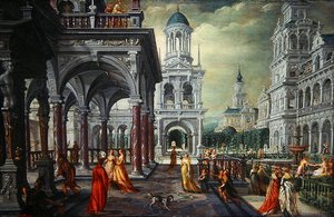 有建筑背景的巴塞巴和大卫（橡木油画） 作者 Hans Vredeman de Vries
