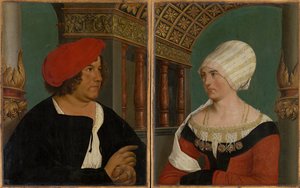 巴塞尔市长Jacob Meyer zum Hasen和他的妻子Dorothea Kannengiesser的双重肖像，1516年（石灰上的蛋彩画）