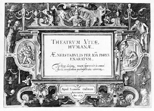 &39;Theatrum Vitae Humanae&39;的标题页，由Johannes Wierix（1549-c.1618）雕刻，于1638年重新印刷
