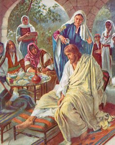 马利亚膏油耶稣》，《马太福音》，26，7（彩色石版画） 作者 哈罗德·应付