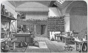 Michael Faraday（1791-1867）在他的地下室实验室，来自Henry Bence Jones的“法拉第的生活和信件”，1870年出版，1869年 作者 哈里特·简·摩尔