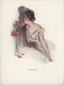 美国妇女闻着花瓶里的粉红玫瑰（彩色平版印刷）。 作者 哈里森·费舍尔
