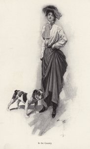 一个女人和她的斗牛犬在一起的乡下打扮的肖像（平版）。 作者 哈里森·费舍尔
