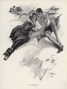 两位恋人在海滩的沙子上画心形（平版）。 作者 哈里森·费舍尔