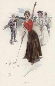 球场上的女高尔夫球员（彩色平版印刷）。 作者 哈里森·费舍尔