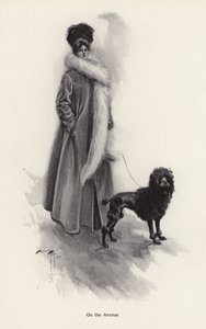 穿着长外套的女人和一只狮子狗（平版）。 作者 哈里森·费舍尔