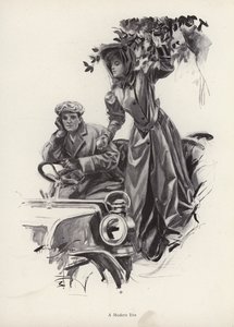 从车内摘苹果的女人（石版画） 作者 哈里森·费舍尔