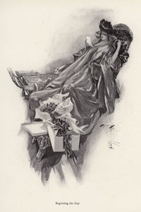 女子从仰慕者手中接过花束（平版）。 作者 哈里森·费舍尔