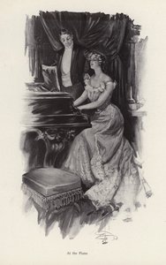 女人在钢琴前唱歌（平版）。 作者 哈里森·费舍尔