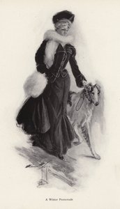 女人在冬天遛她的粗野牧羊犬（平版）。 作者 哈里森·费舍尔