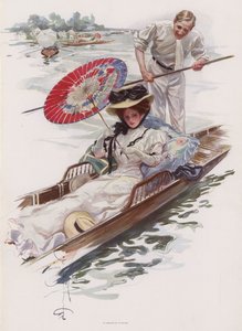 年轻的美国妇女在英国的河上享受划船的乐趣（彩色平印）。 作者 哈里森·费舍尔