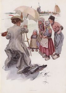 年轻的美国妇女在画一个荷兰场景（彩色平版印刷）。 作者 哈里森·费舍尔