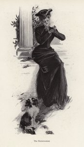 年轻的女人和她的狗等待着去骑马（平版）。 作者 哈里森·费舍尔
