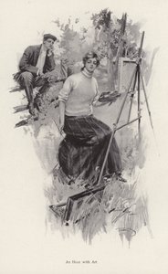 年轻的女艺术家在乡下作画，一个年轻的男人在一旁观看（平版）。 作者 哈里森·费舍尔