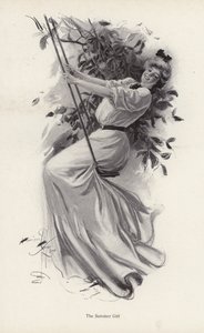 年轻女子在秋千上（平版）。 作者 哈里森·费舍尔