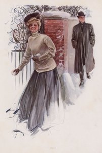 年轻女子等待向一名男子投掷雪球（彩色平版印刷）。