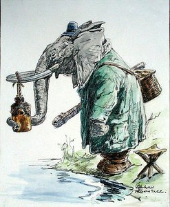 大象去钓鱼（纸本钢笔、墨水、水彩和木炭） 作者 哈里朗特里