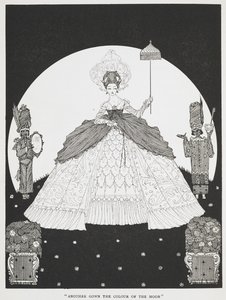 "另一件月色长袍"。驴皮 "故事的插图。一位美丽的公主手持阳伞，两名仆人站在她的两侧。 作者 哈里·克拉克
