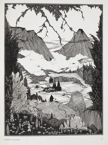 故事“兰多小屋”的插图。山地景观。 作者 哈里·克拉克