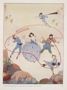 "他们会让仙境中的所有人都高兴得手舞足蹈"。罗斯-费尔曼为《秋天的施舍》绘制的插图。在空中翩翩起舞的人物。 作者 哈里·克拉克