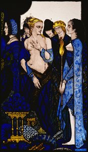 “我们将 Lucrezia Crivelli 和提香的有琥珀肚皮的女士命名为”，来自 J.M. Synge 的“Queens”的 Harry Clarke 的插图 作者 哈里·克拉克