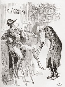 Fledgeby and Mr. Riah in the Counting House. "Perched on the stool with his hat cocked on his head and one of his legs dangling, the youth of Fledgeby hardly contrasted to advantage with the age of the Jewish man, with his bare head bowed, and his eyes on  作者 哈里·弗尼斯（Harry Furniss）