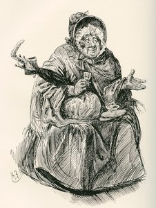 甘普夫人。 哈里·福尼斯 (Harry Furniss) 为查尔斯·狄更斯 (Charles Dickens) 小说《马丁·查兹勒维特》 (Martin Chuzzlewit) 绘制的插图，出自《感言版》，1910 年出版。 作者 哈里·弗尼斯（Harry Furniss）