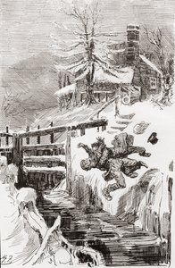 船闸里的生死搏斗"我告诉过你"我会让你活着，也会让你死掉。"布莱德利喊道，"骑士时代 "向后翻过光滑的坑洞，布莱德利的 "墓碑 "在他身上。"哈利-福尼斯为查尔斯-狄更斯小说绘制的插图 作者 哈里·弗尼斯（Harry Furniss）