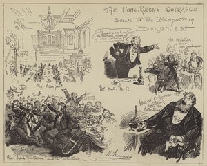 家庭统治者愤怒，都柏林宴会场面 作者 哈里·弗尼斯（Harry Furniss）