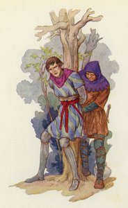 "罗宾喊道："把他头上的铁锅剥下来，把他绑在树上"（彩色石版画） 作者 哈里·乔治·西克