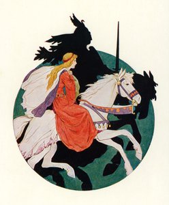 黑骑士骑马带着少女离开（彩色石版画） 作者 哈里·乔治·西克
