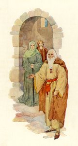 老人邀请骑士进入废墟宫殿（彩色石版画）
