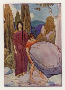 特修斯举起大石头，石头下放着剑和凉鞋（彩色石版画）